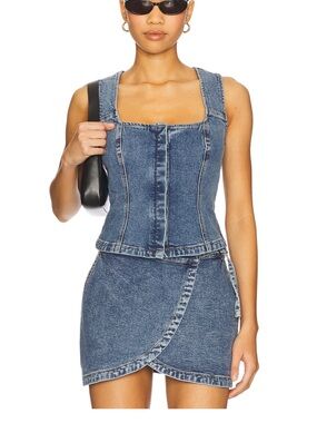 Denim Corset Top & Wrap Mini Skirt Set - Blue
